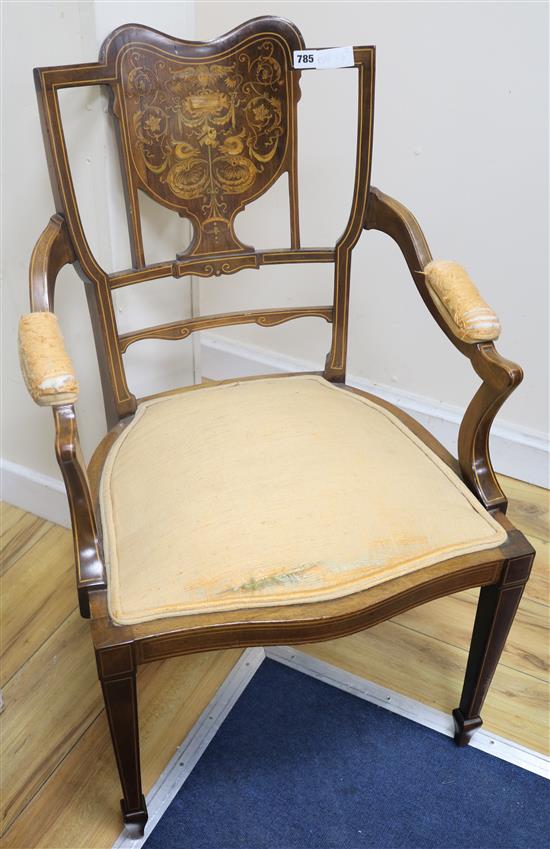 Two Edwardian inlaid mahogany salon chairs